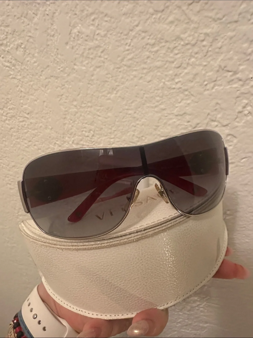 Versace Women's Oversized Brown Gradient Shield Sunglasses with Red Temples